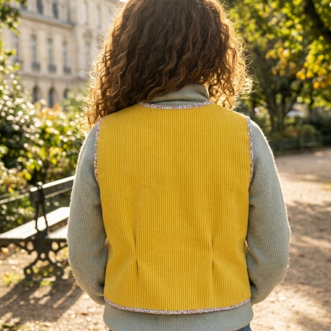 Gilet en velours jaune - bordure fleuri - pièce unique 40/44