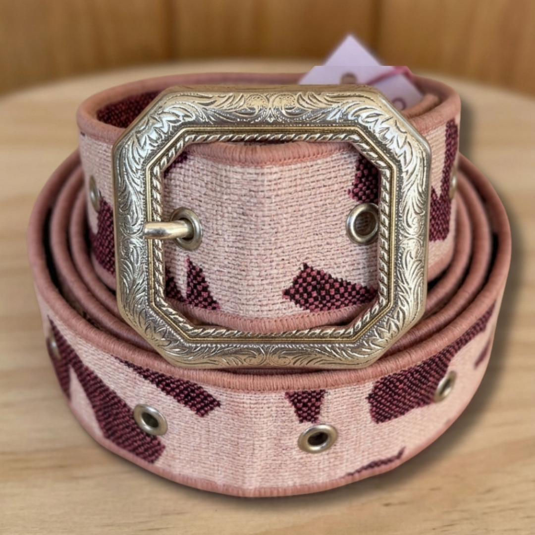 Ceinture en tissu d’ameublement rose pâle et aubergine – pièce unique 38/42