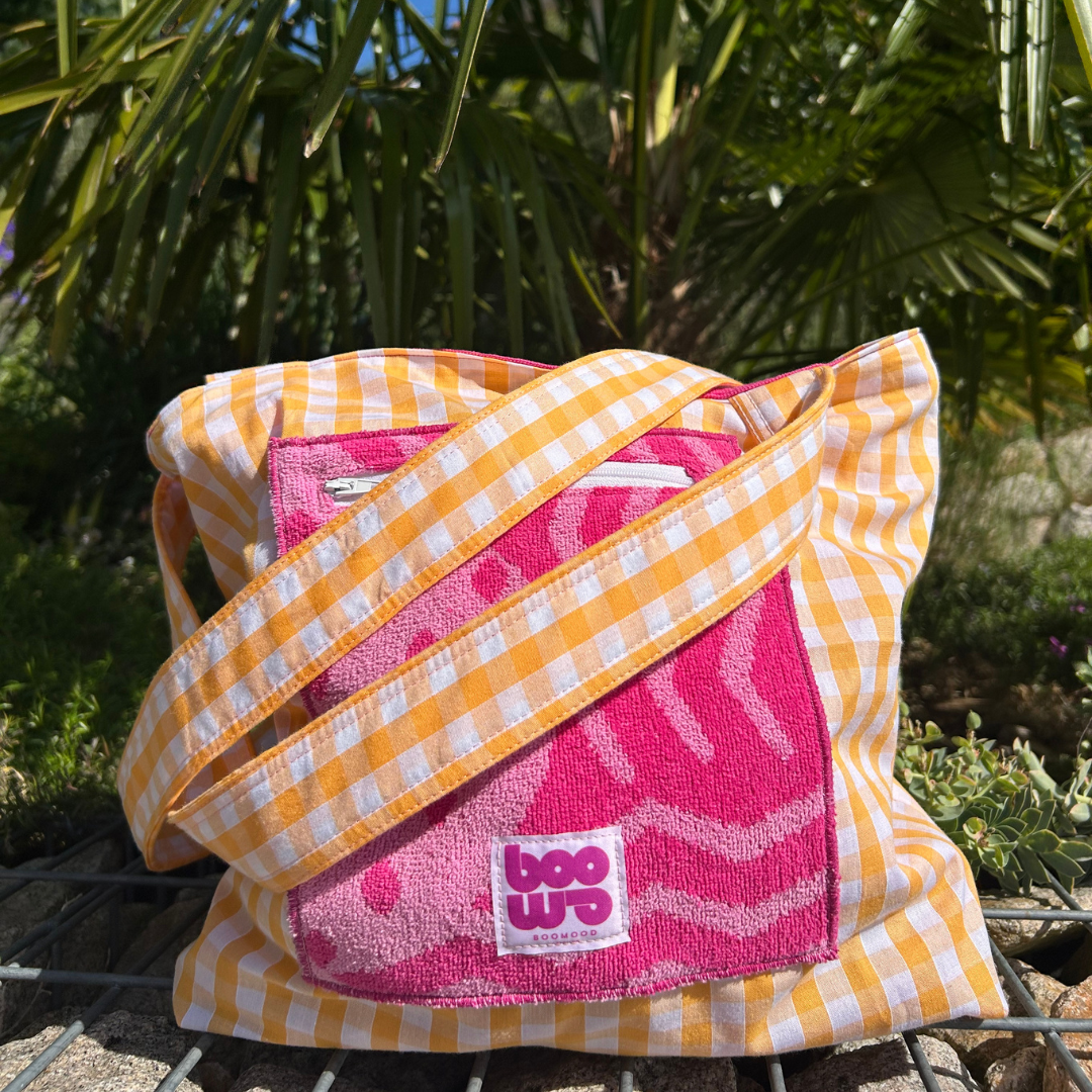 Sac de plage réversible - éponge recyclée & gros carreaux vichy - jaune, camaïeu rose et fushia