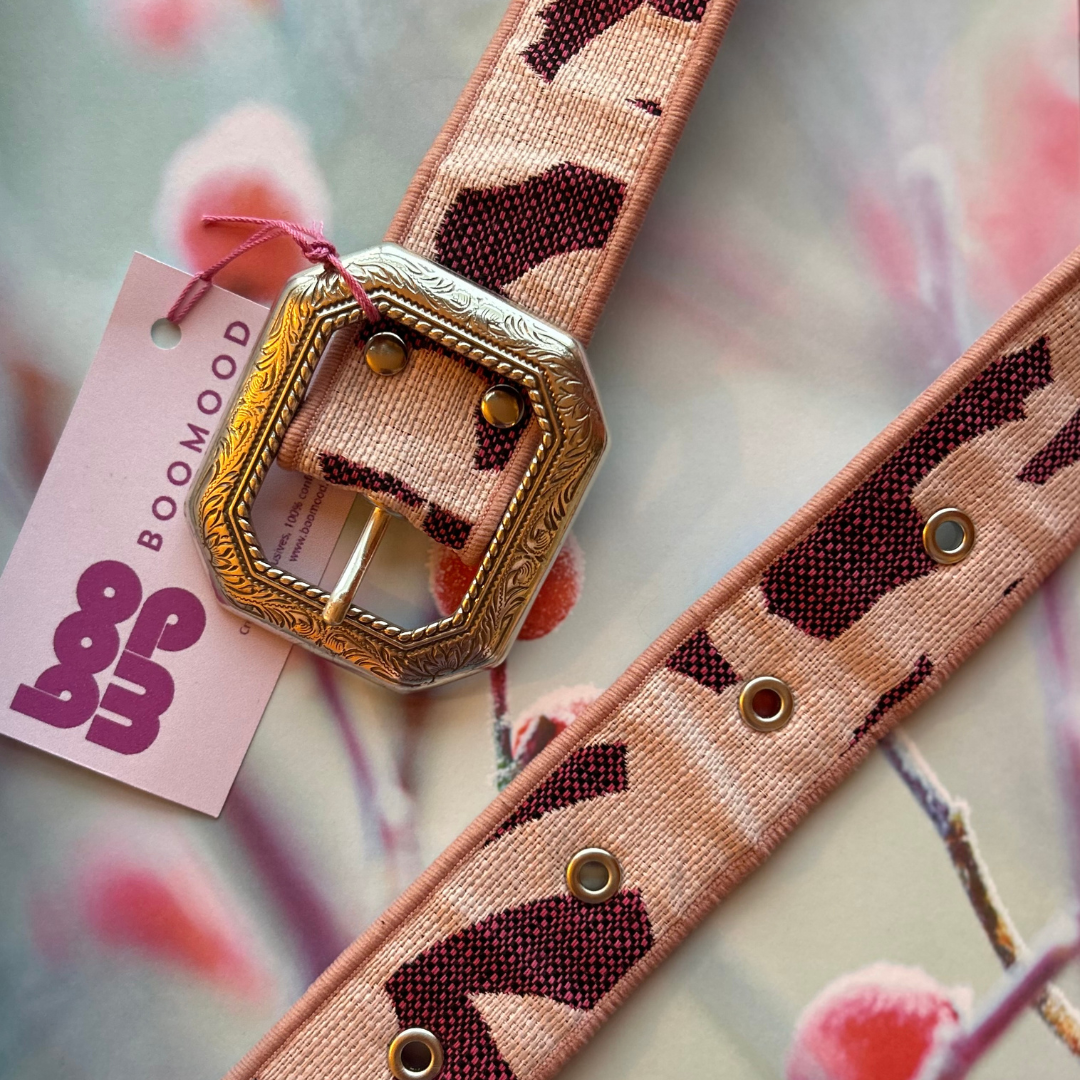 Ceinture en tissu d’ameublement rose pâle et aubergine – pièce unique 38/42