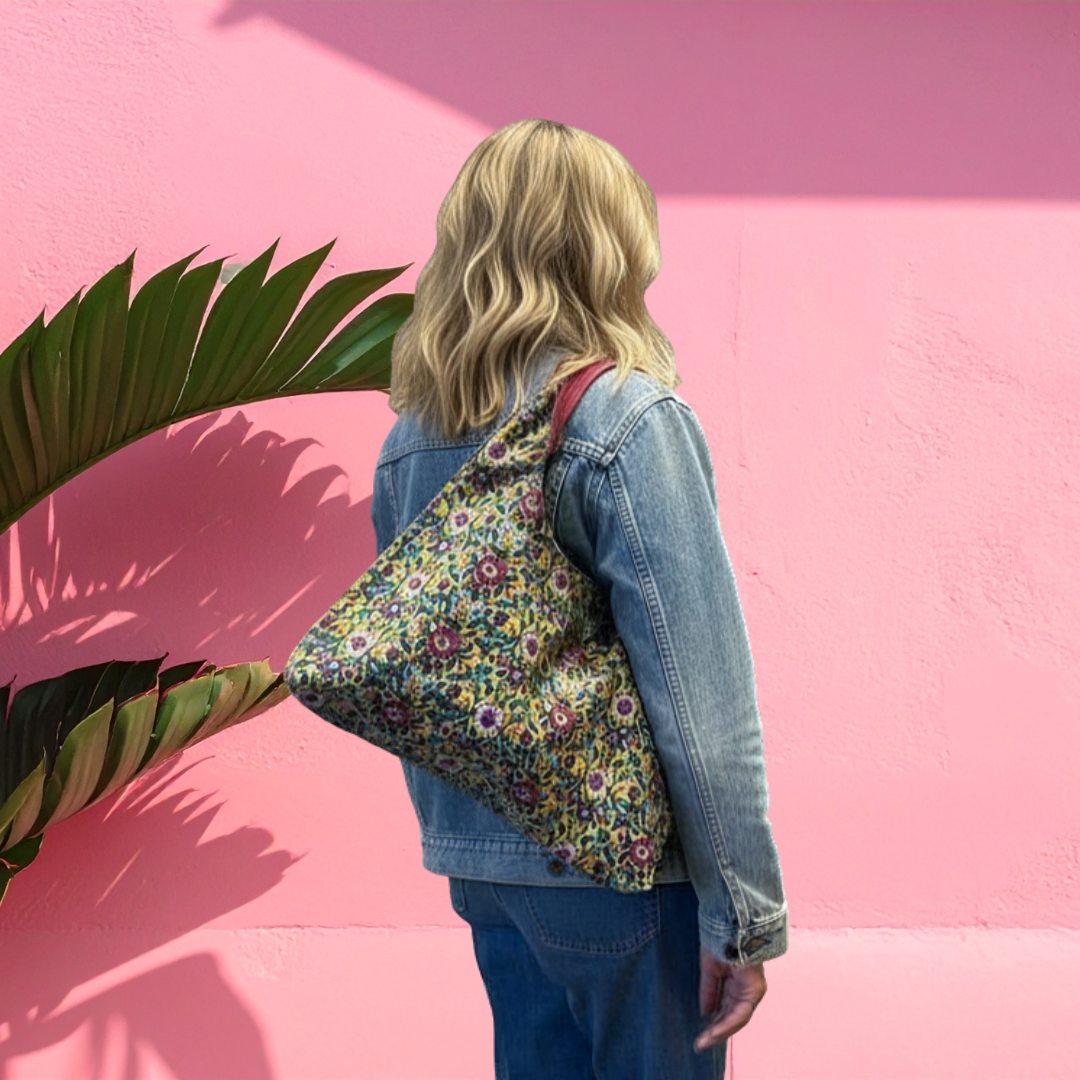 Sac à main réversible en velours et tissus d'ameublement - rose et jaune fleurie