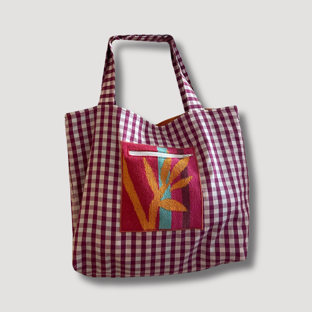 Sac de plage réversible - éponge recyclée et carreaux vichy - jaune et aubergine