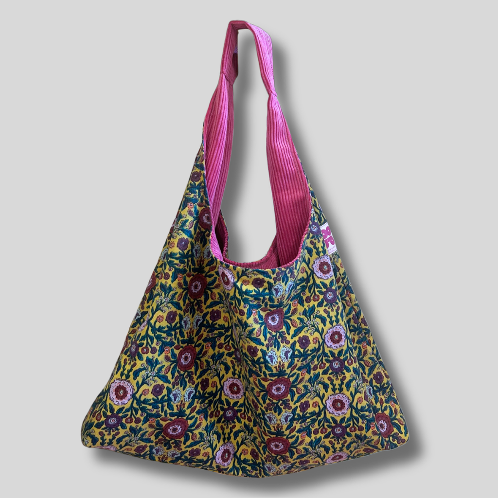 Sac à main réversible en velours et tissus d'ameublement - rose et jaune fleurie