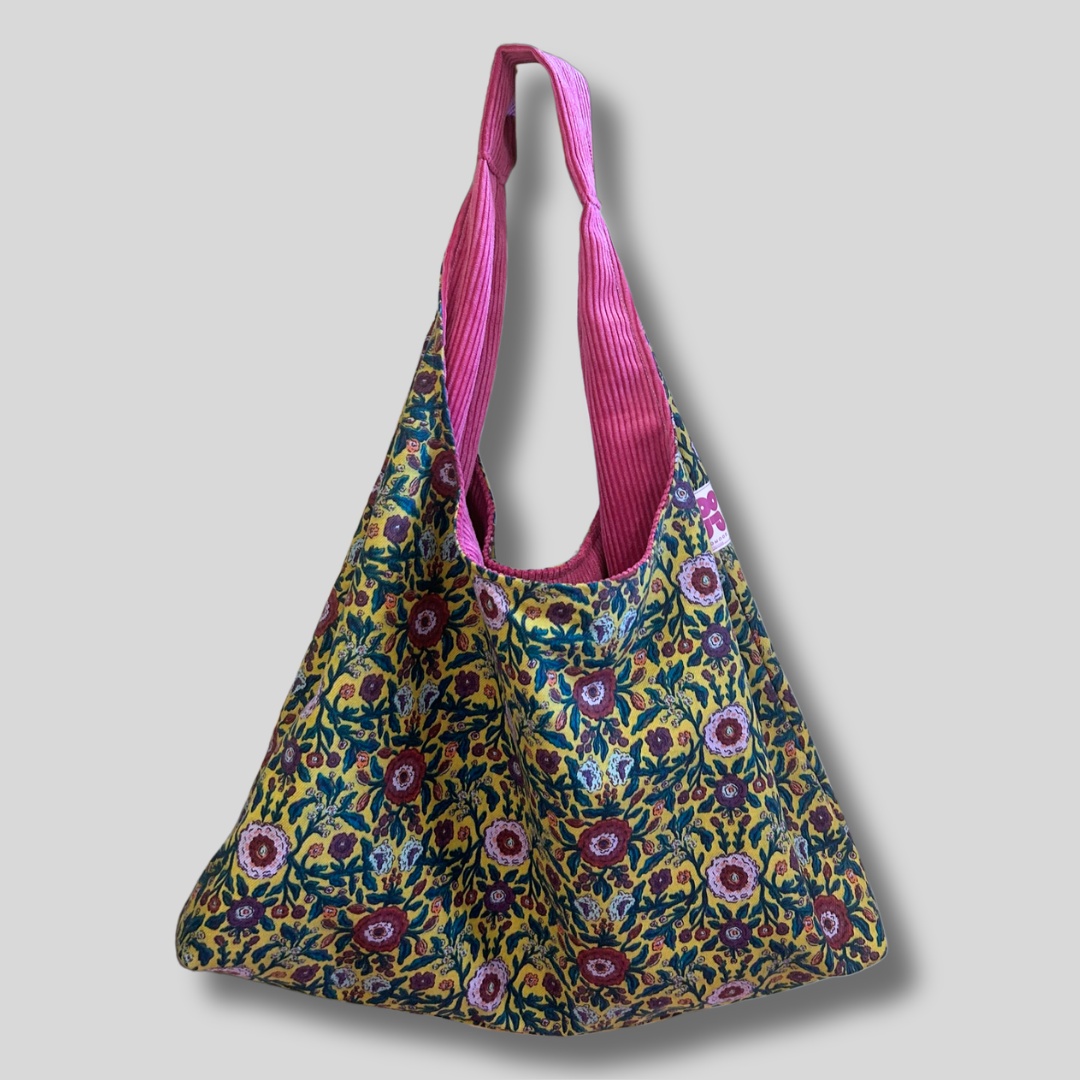 Sac à main réversible en velours et tissus d'ameublement - rose et jaune fleurie