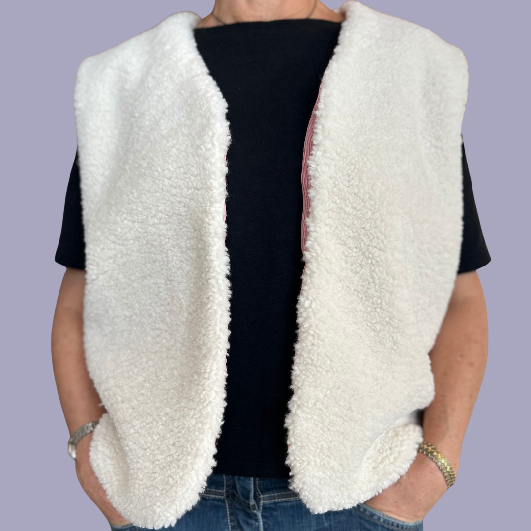 Gilet réversible en velours côtelé rose et sherpa crème - pièce unique 38-42