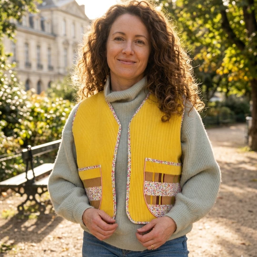 Gilet en velours jaune - bordure fleuri - pièce unique 40/44