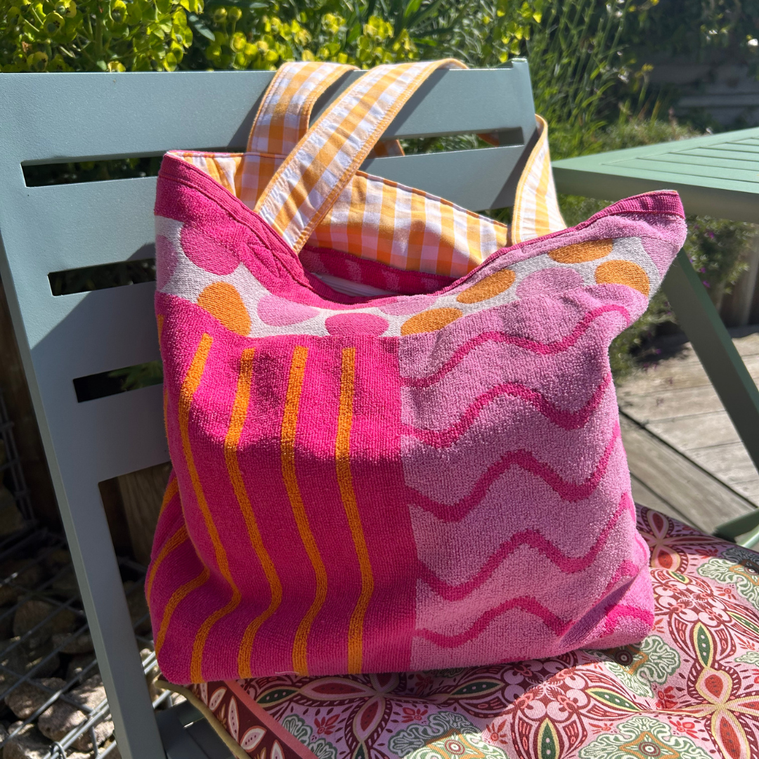 Sac de plage réversible - éponge recyclée & gros carreaux vichy - jaune, camaïeu rose et fushia