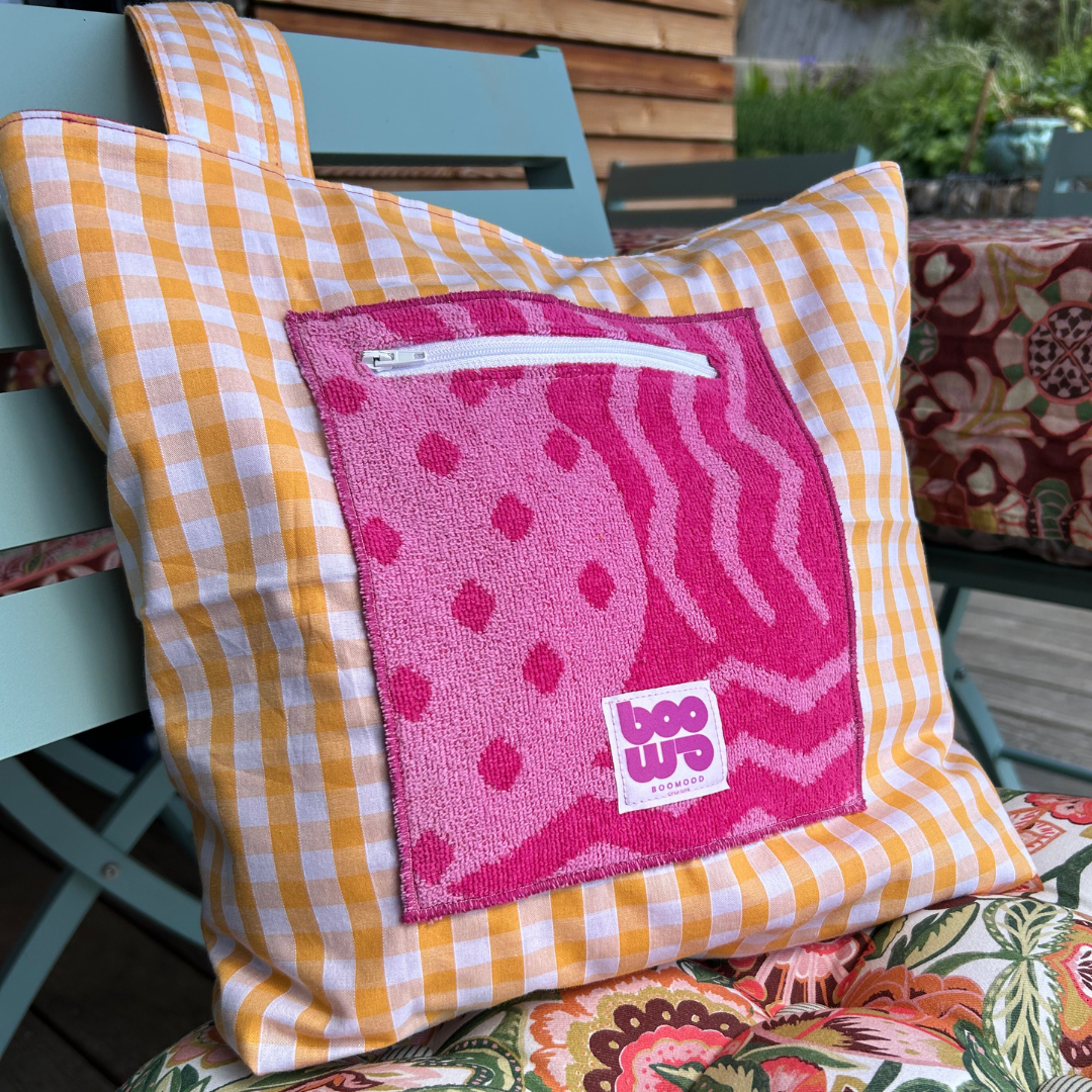 Sac de plage réversible - éponge recyclée & gros carreaux vichy - jaune, camaïeu rose et fushia