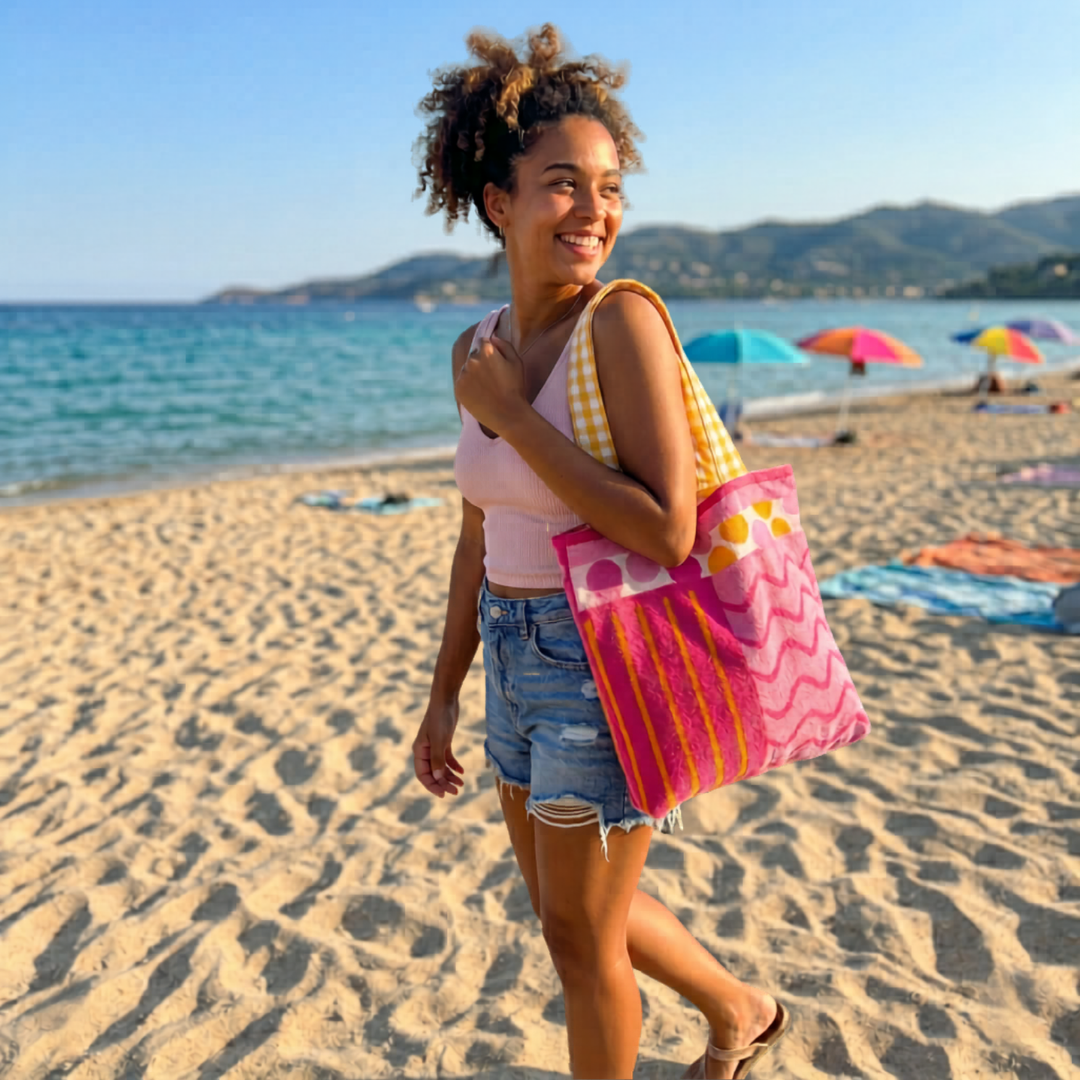 Sac de plage réversible - éponge recyclée & gros carreaux vichy - jaune, camaïeu rose et fushia
