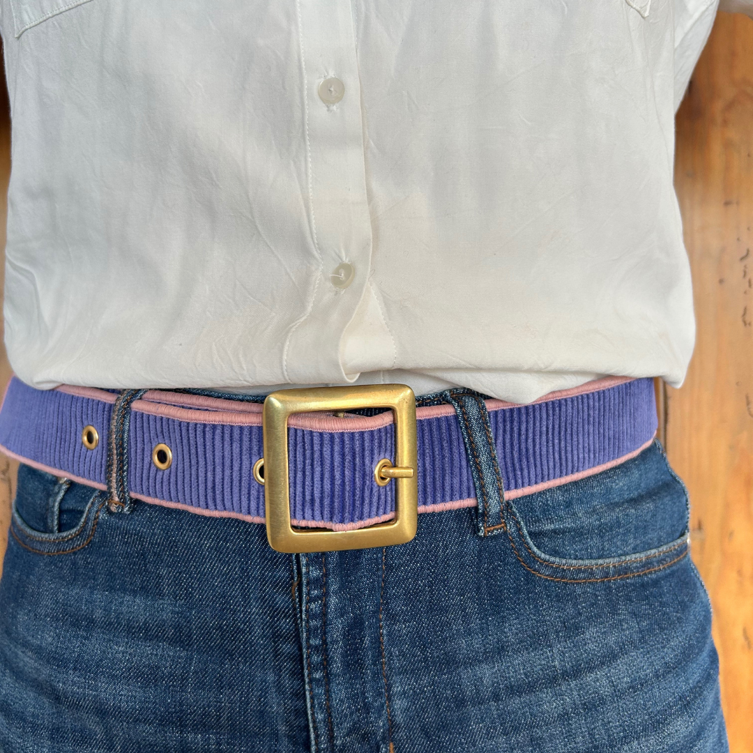Ceinture en velours & tissu d’ameublement violet & parme – pièce unique 38/42