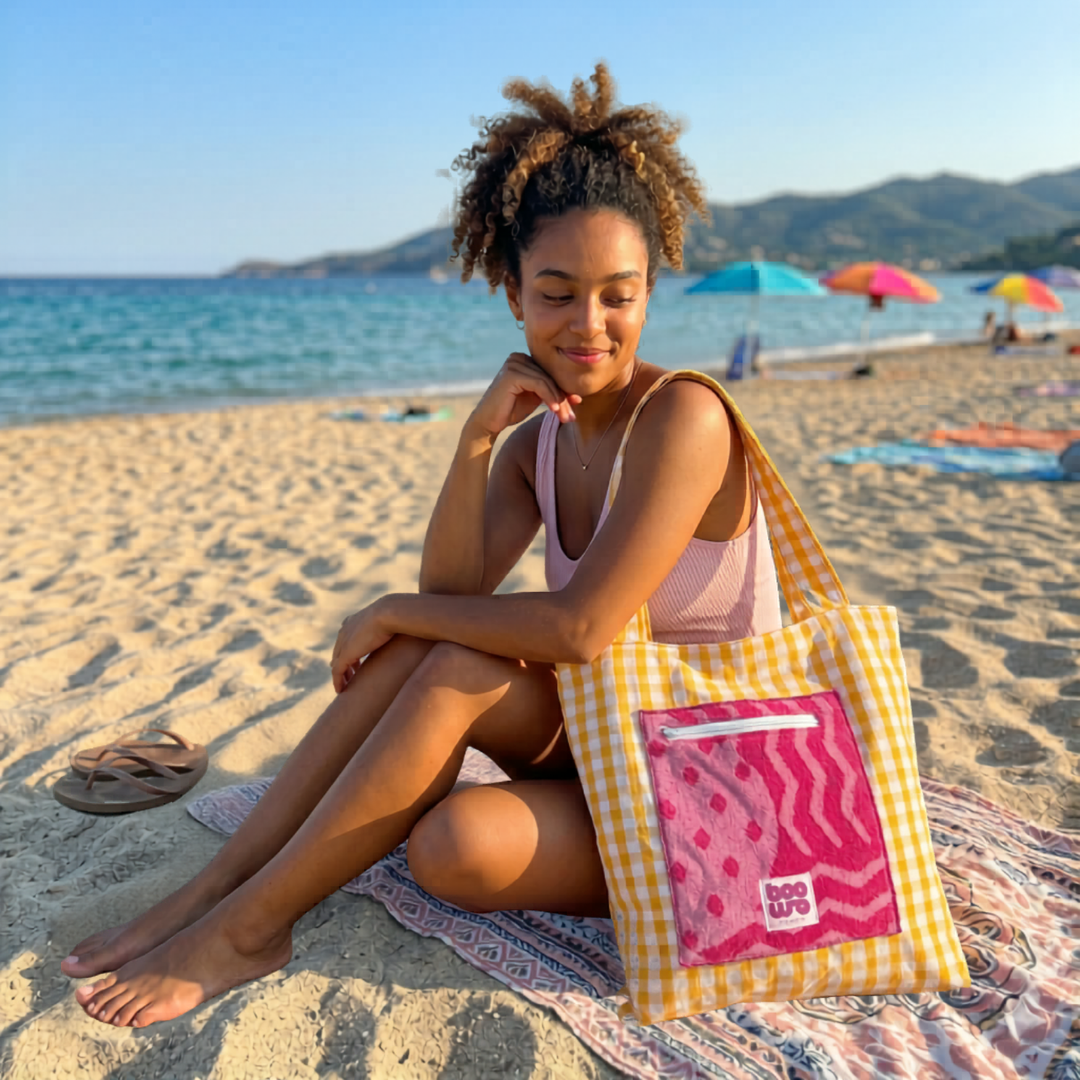 Sac de plage réversible - éponge recyclée & gros carreaux vichy - jaune, camaïeu rose et fushia