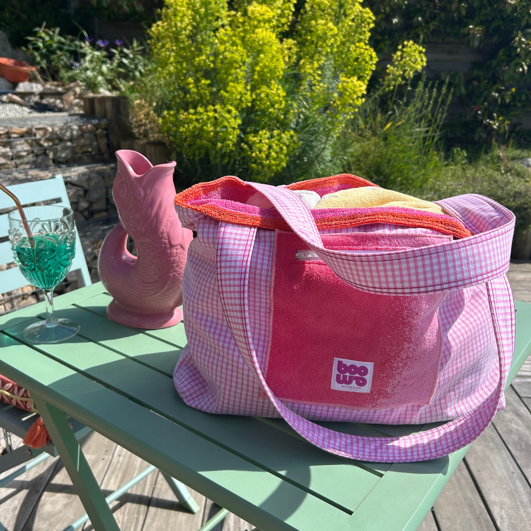 Sac de plage réversible - éponge recyclée et carreaux vichy rose - camaïeux rose, corail, rouge