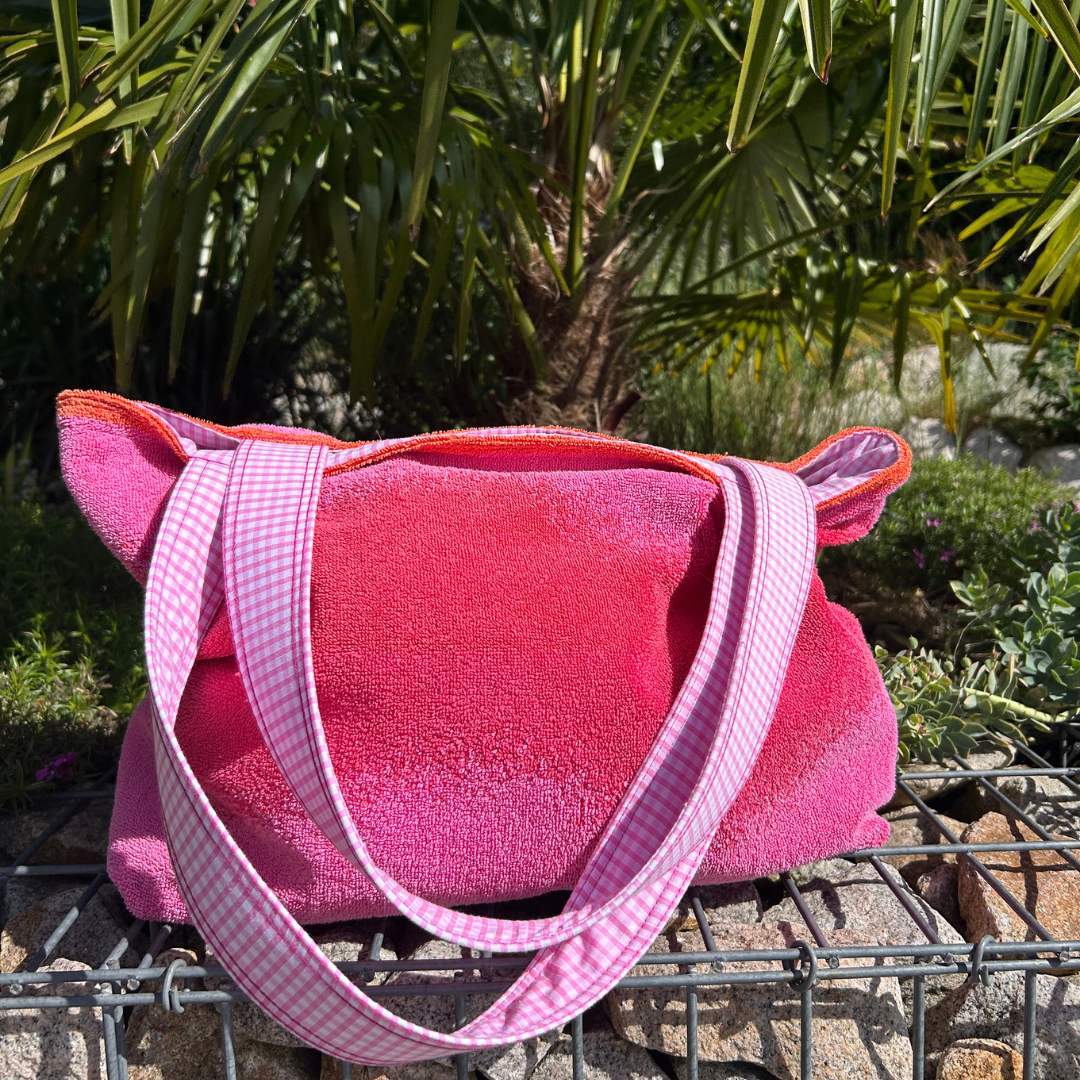 Sac de plage réversible - éponge recyclée et carreaux vichy rose - camaïeux rose, corail, rouge