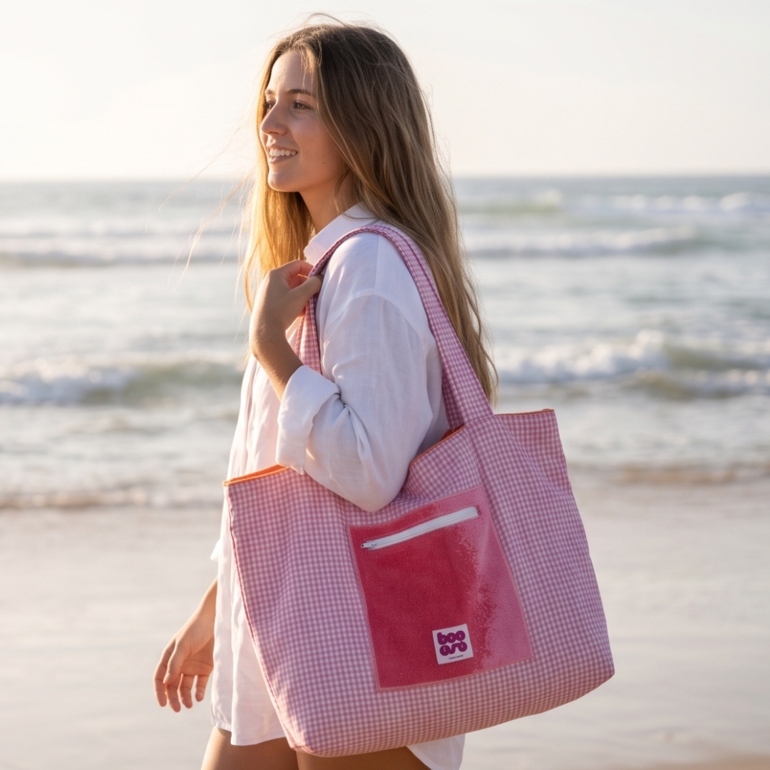 Sac de plage réversible - éponge recyclée et carreaux vichy rose - camaïeux rose, corail, rouge