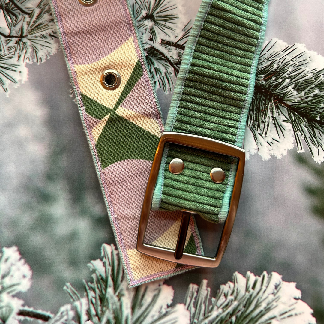 Ceinture en velours & tissu d’ameublement vert & parme – pièce unique 38/42