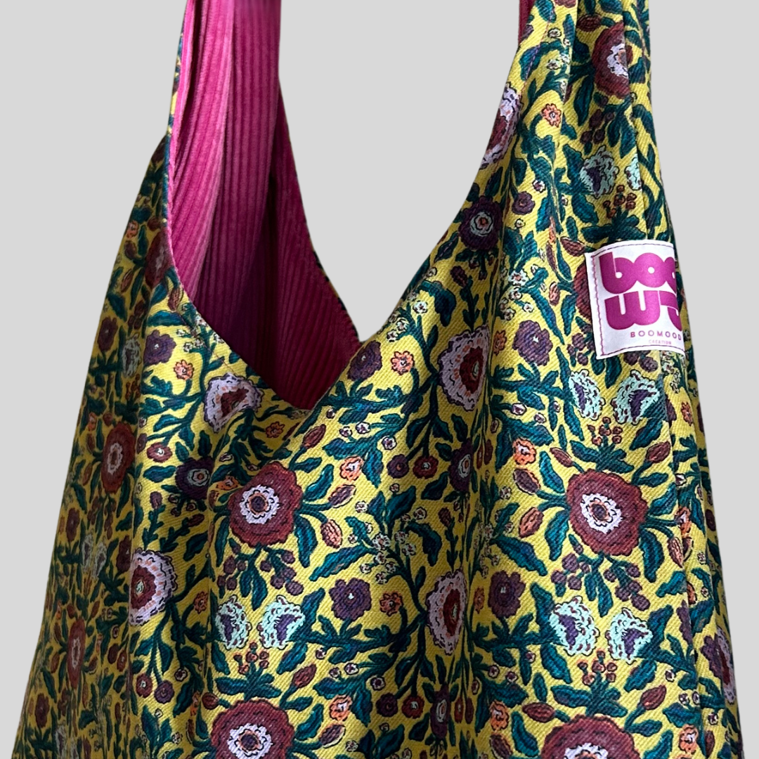 Sac à main réversible en velours et tissus d'ameublement - rose et jaune fleurie