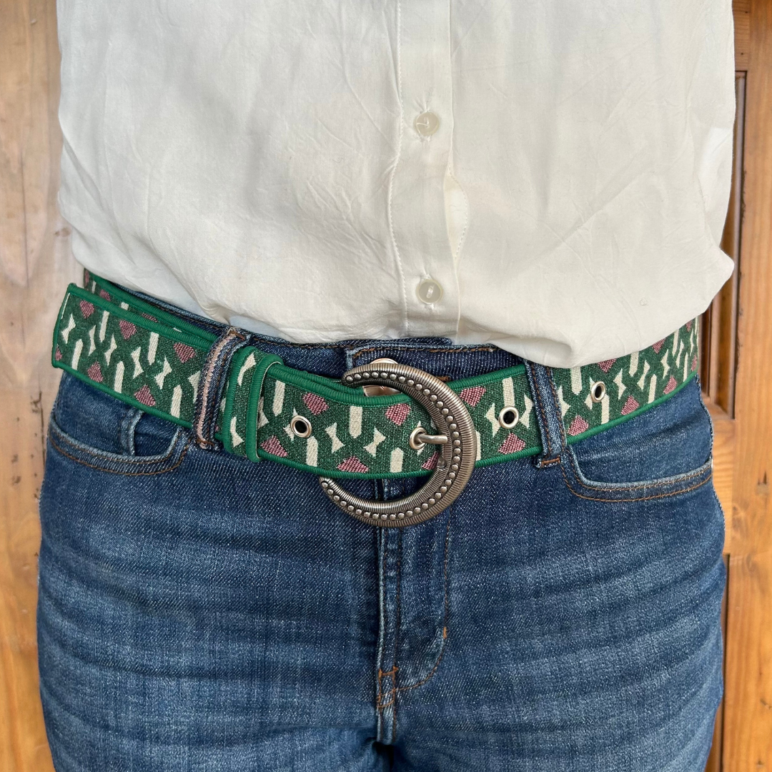 Ceinture en tissu d’ameublement vert & rose fushia – pièce unique 38/42