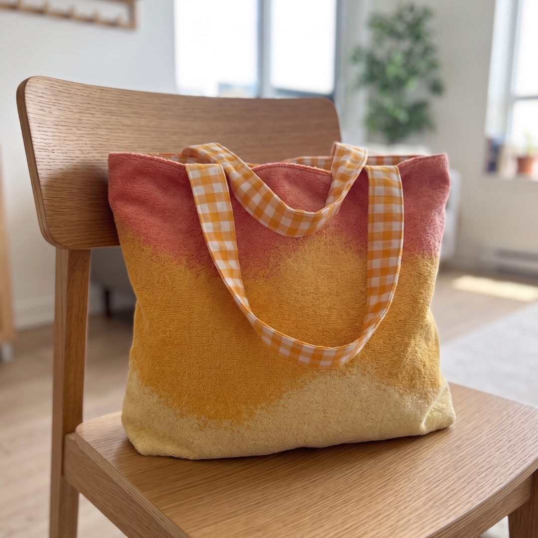 Sac de plage réversible - éponge recyclée et carreaux vichy jaune