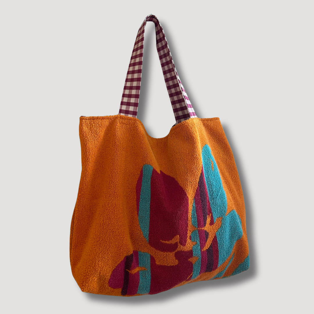 Sac de plage réversible - éponge recyclée et carreaux vichy - jaune et aubergine