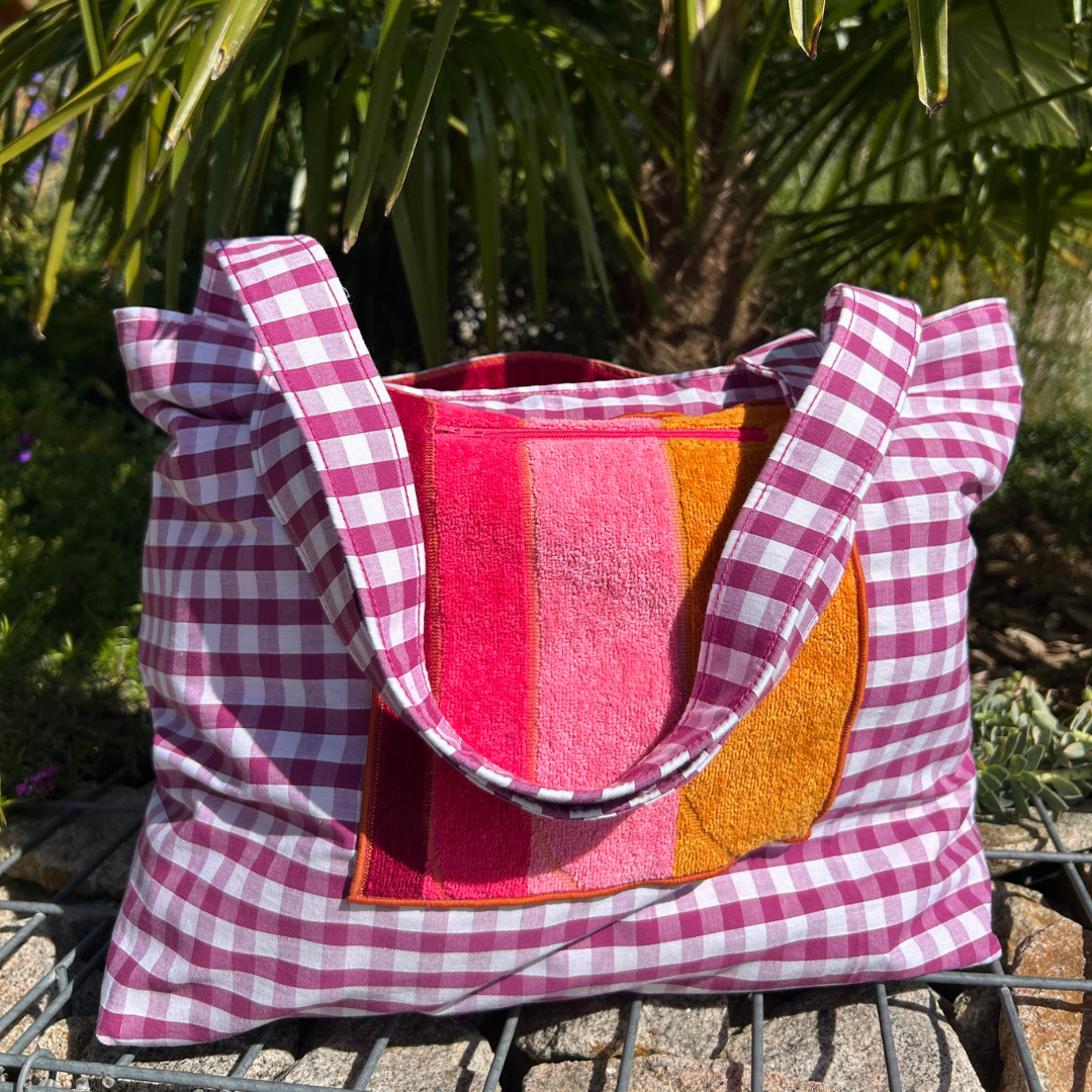 Sac de plage réversible - éponge recyclée et carreaux vichy violet - rose & jaune
