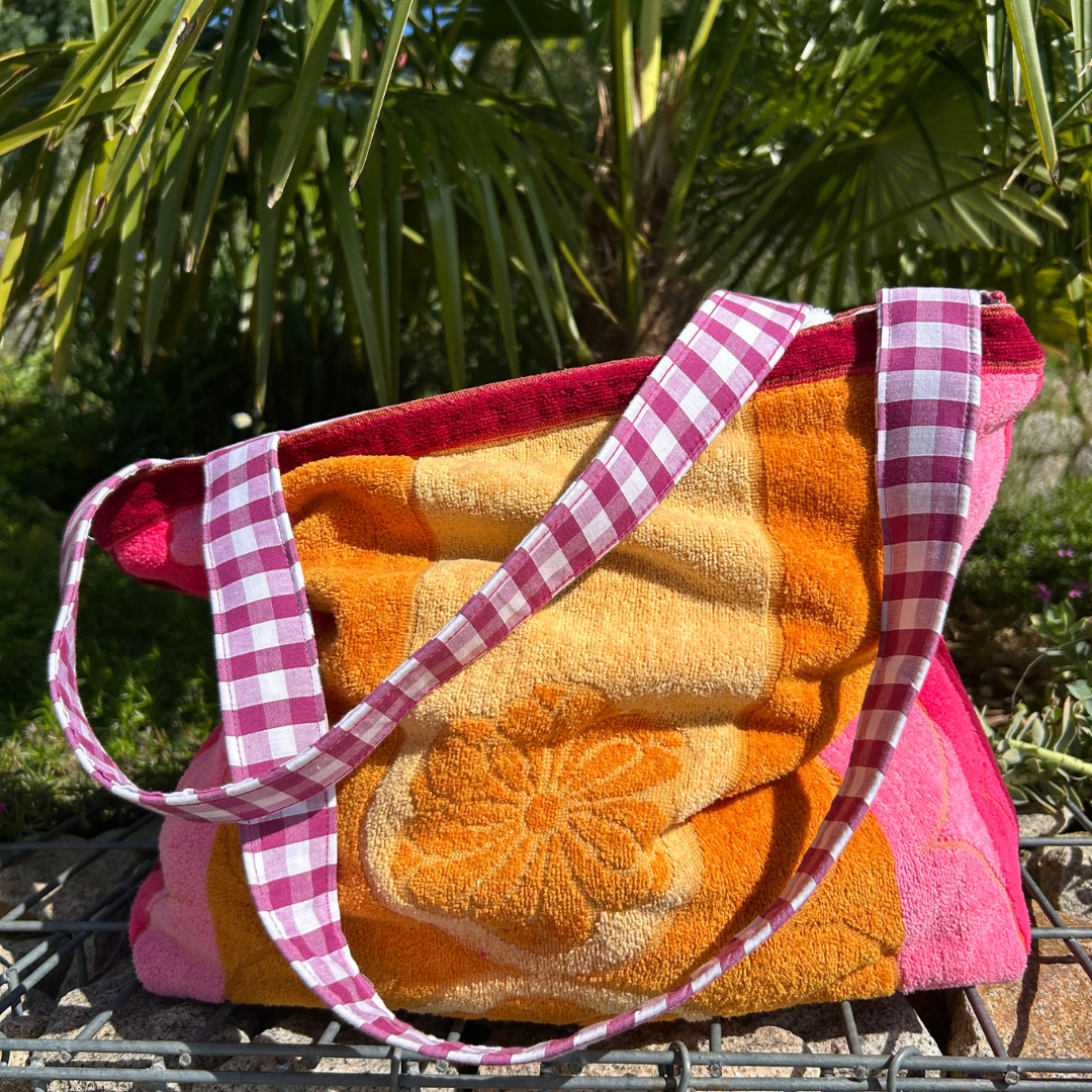 Sac de plage réversible - éponge recyclée et carreaux vichy violet - rose & jaune
