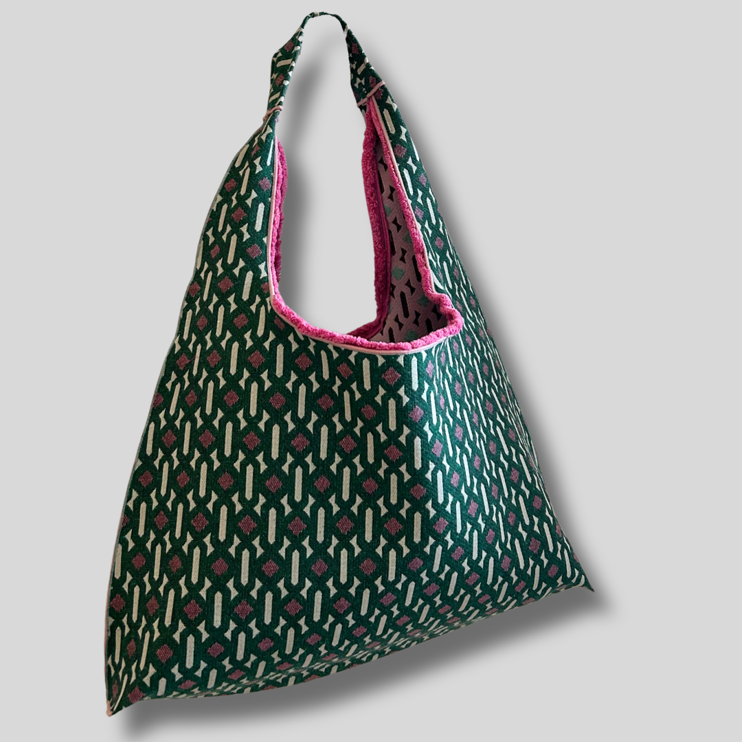 Sac à main réversible en tissus d'ameublement vert et rose