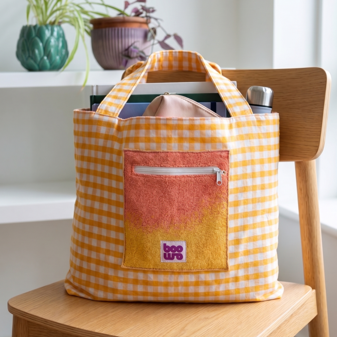 Sac de plage réversible - éponge recyclée et carreaux vichy jaune