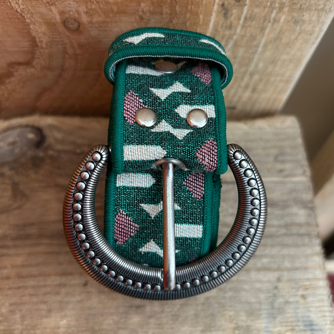 Ceinture en tissu d’ameublement vert & rose fushia – pièce unique 38/42