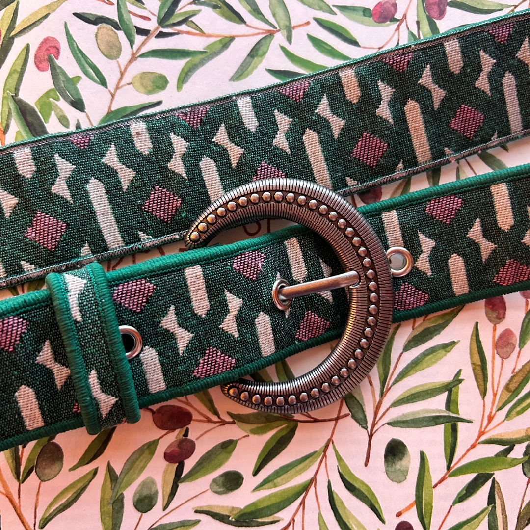 Ceinture en tissu d’ameublement vert & rose fushia – pièce unique 38/42