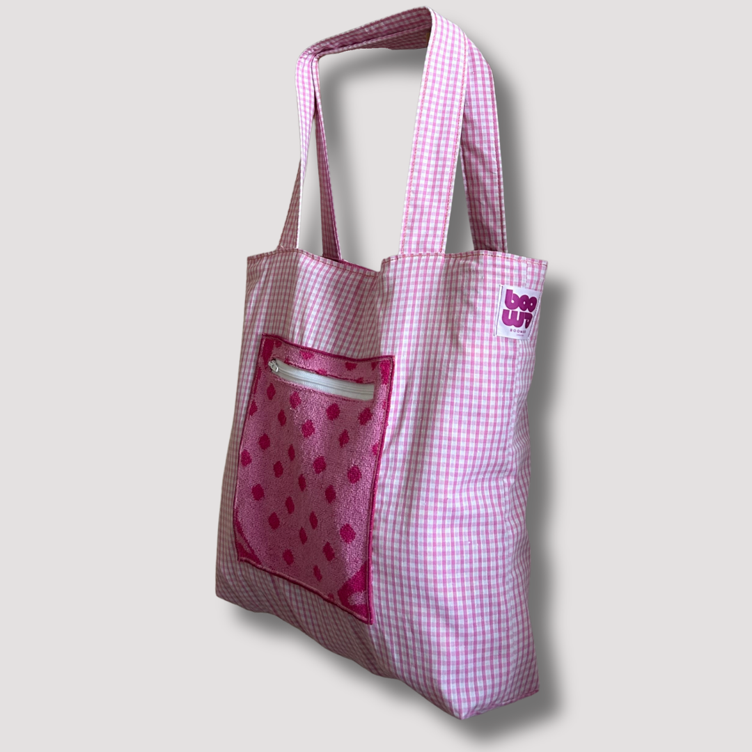 Sac de plage réversible - éponge recyclée et carreaux vichy - camaïeu orange, rose et fushia