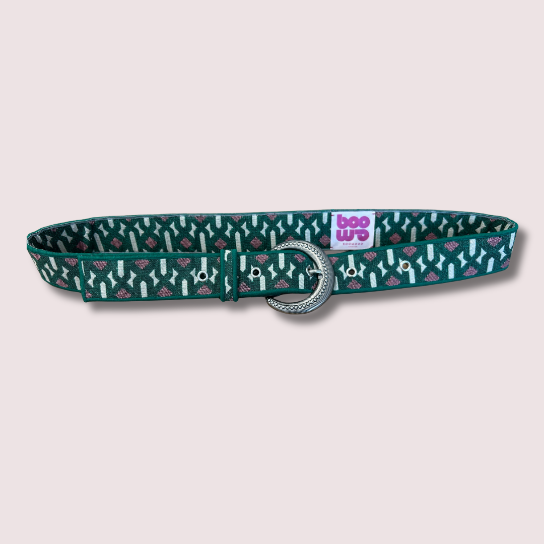 Ceinture en tissu d’ameublement vert & rose fushia – pièce unique 38/42