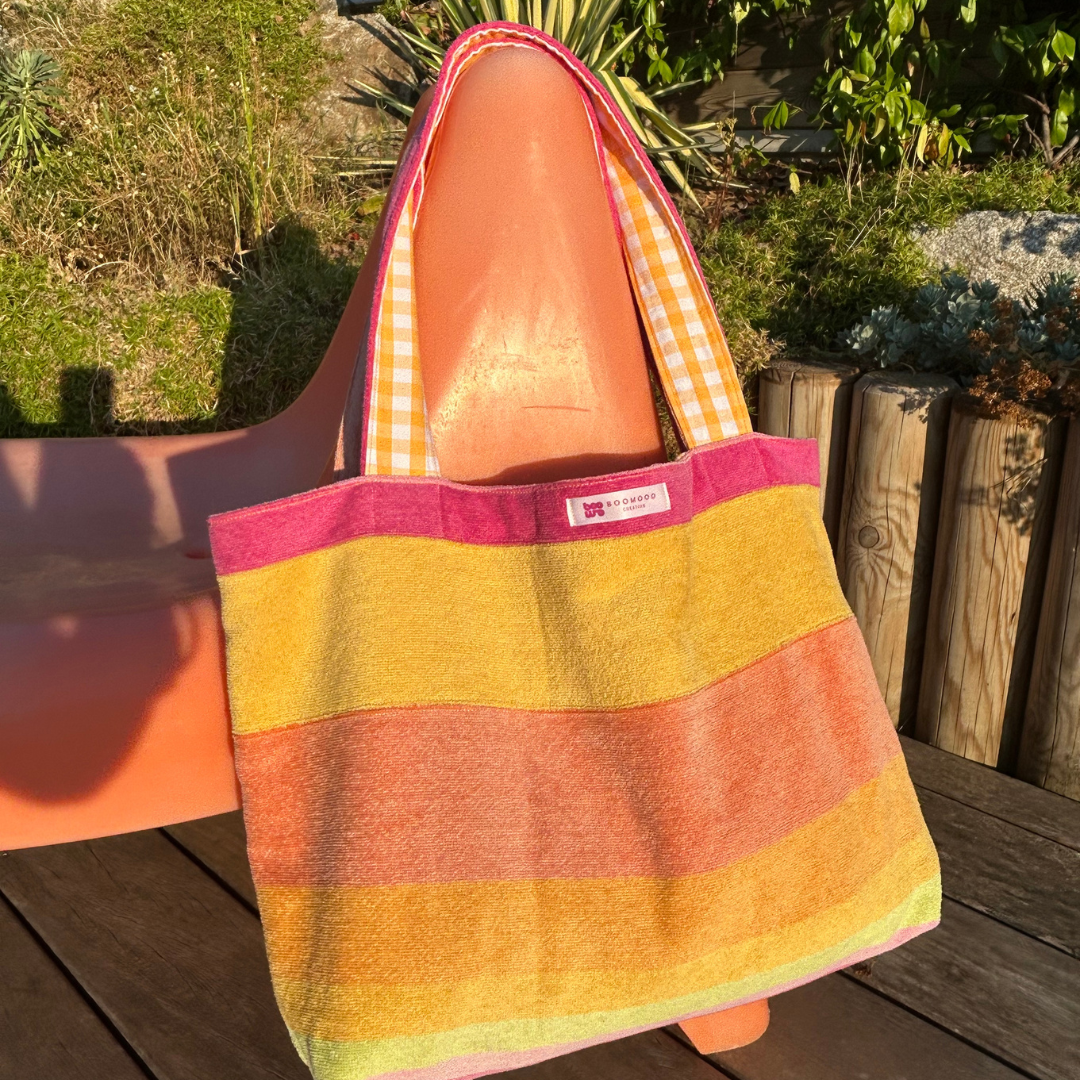 Sac de plage réversible en éponge recyclée et vichy jaune