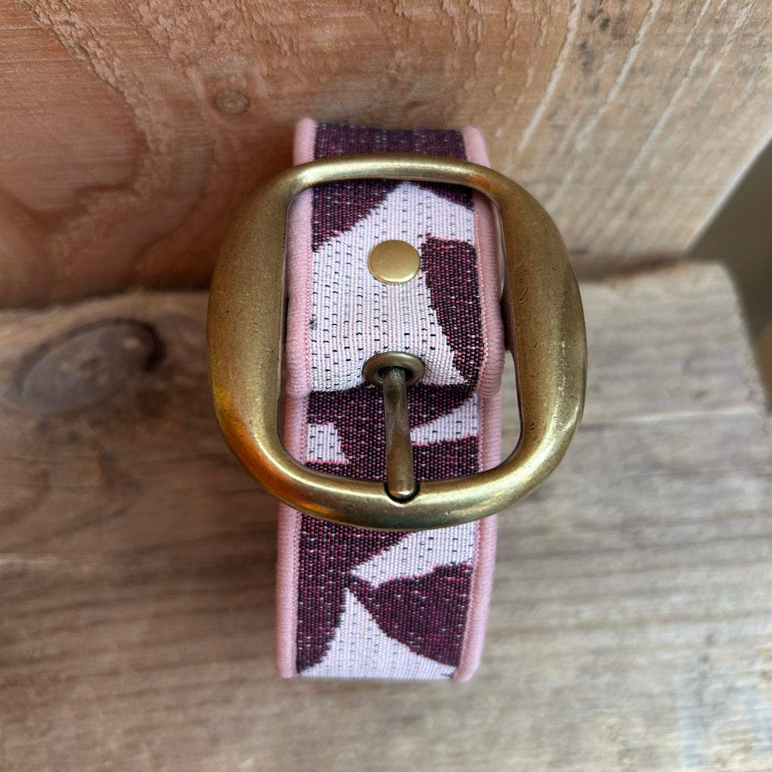Ceinture en tissu d’ameublement aubergine & rose pâle – pièce unique 38/42