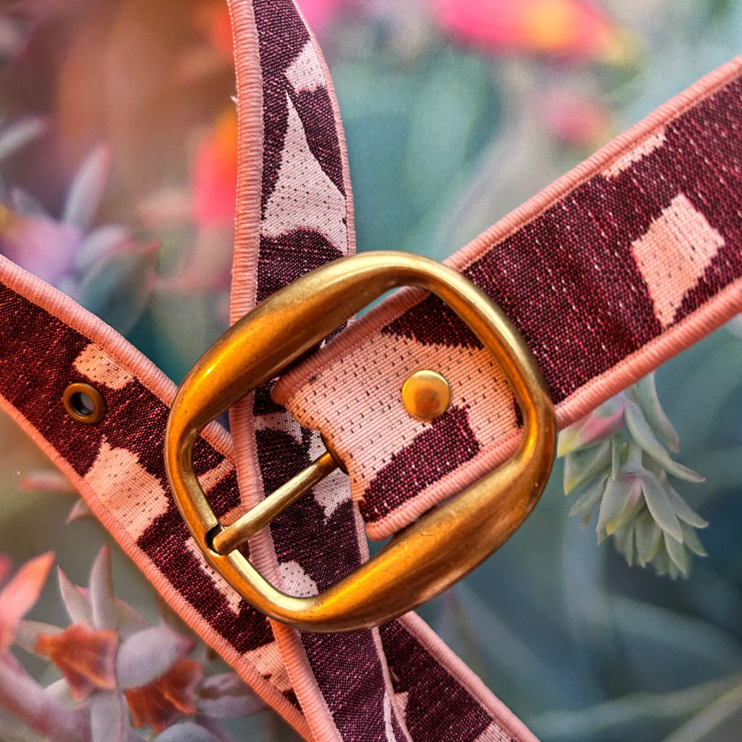 Ceinture en tissu d’ameublement aubergine & rose pâle – pièce unique 38/42