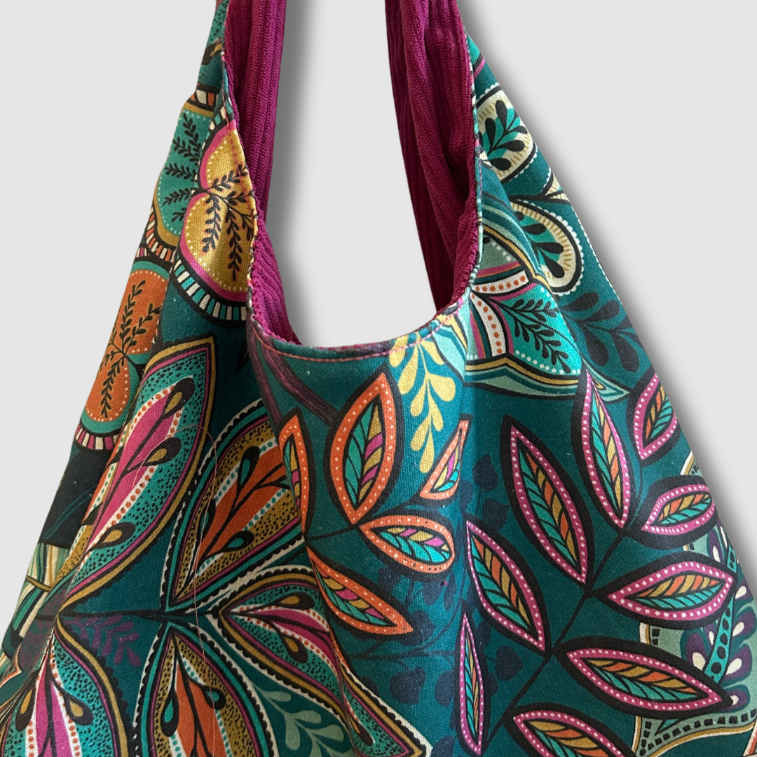 Sac à main réversible en velours et tissus d'ameublement - framboise et émeraude